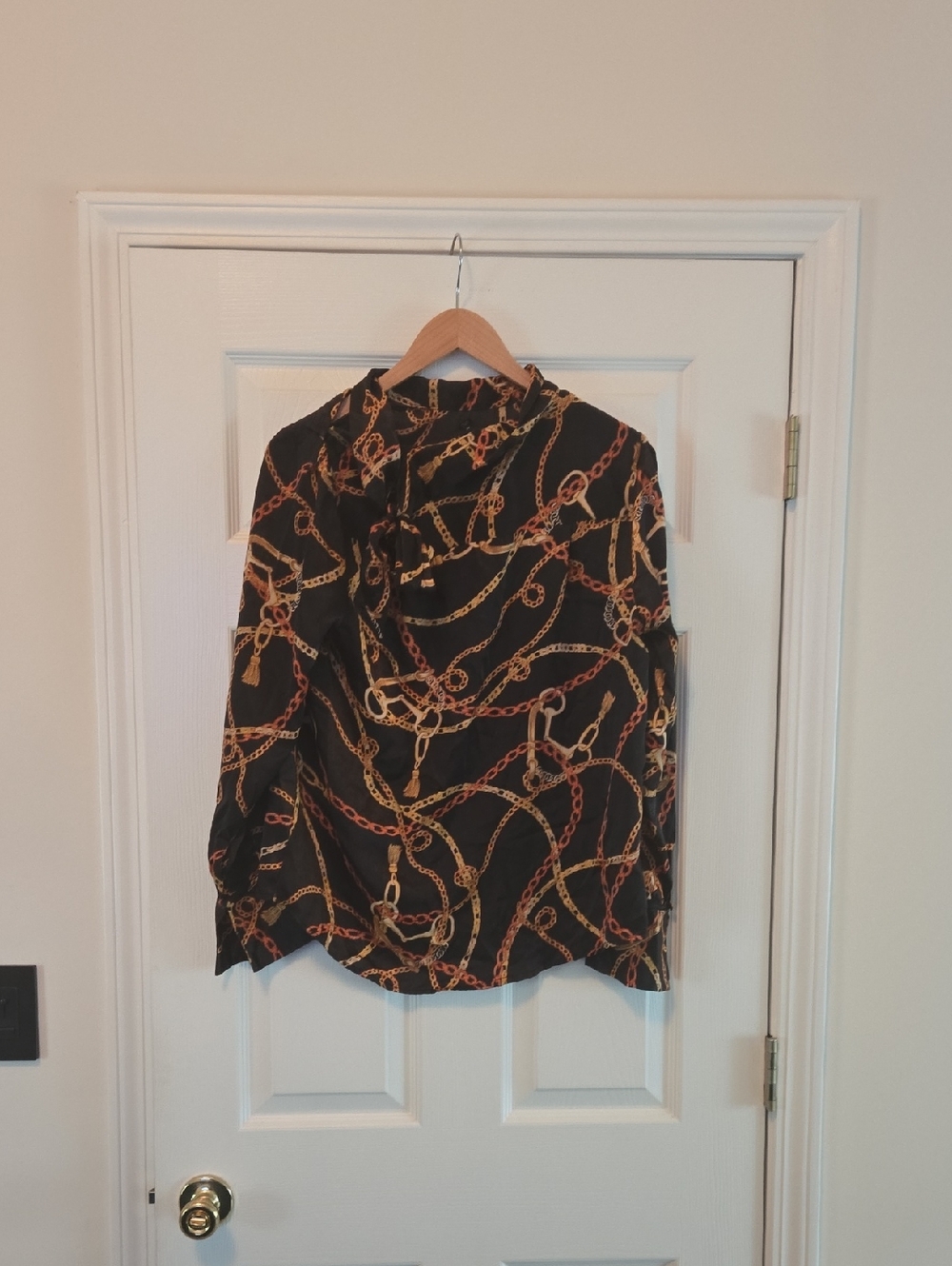 Black Chain-Print Button-Up Blouse